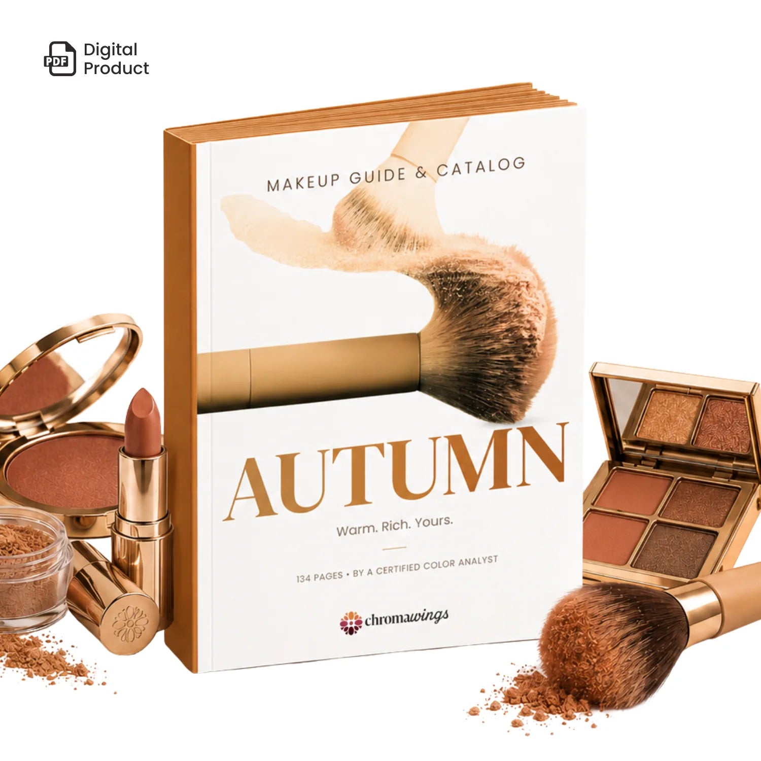 A makeup guide and catalog book titled 'AUTUMN' by chromawings, styled with cosmetic products including a lipstick, eyeshadow palette, brushes, and loose powder on a white background. A 'Digital Product' badge is visible in the top-left corner. #season_Autumn