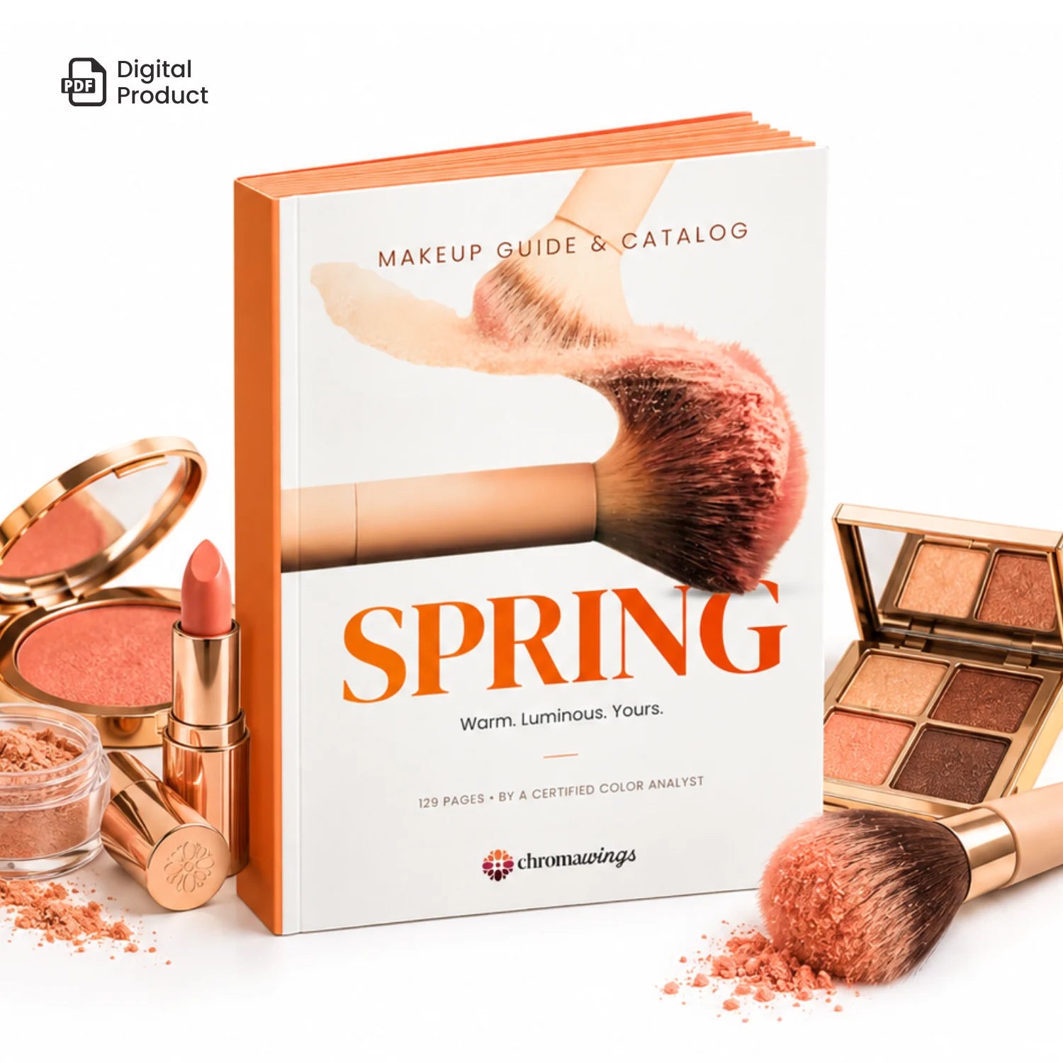 A makeup guide and catalog book titled 'SPRING' by Chromawings, styled with cosmetic products including a lipstick, eyeshadow palette, blush, and brushes on a white background. #season_Spring