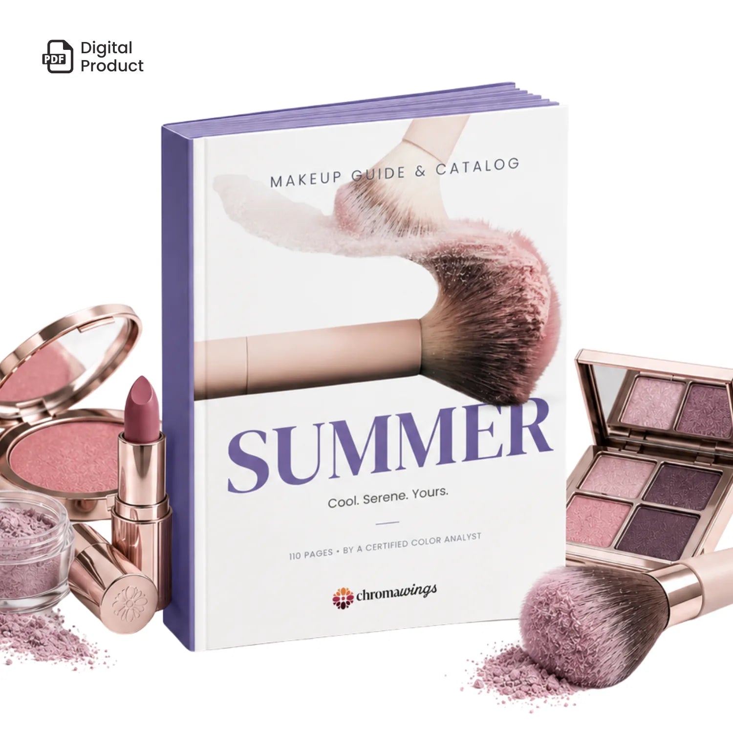 A makeup guide and catalog book titled 'SUMMER' by chromawings, styled with cosmetic products including a lipstick, eyeshadow palette, powder, and brushes on a clean white background. A 'Digital Product' badge is visible in the top-left corner. #season_Summer
