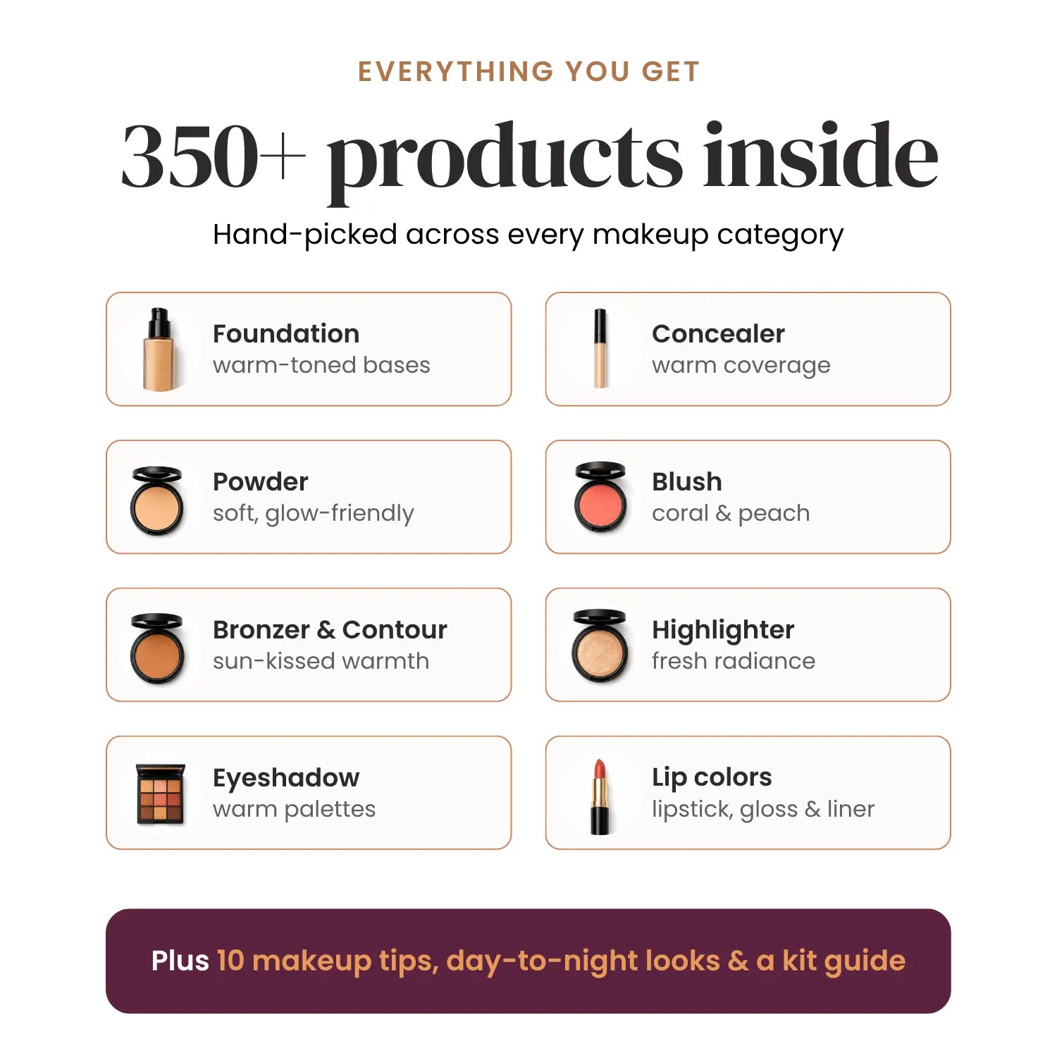 Promotional graphic for a makeup kit, featuring text that says 'Everything you get, 350+ products inside' and a grid of product categories and shades including foundation, concealer, powder, blush, bronzer & contour, highlighter, eyeshadow, and lip colors. A dark mauve banner at the bottom reads 'Plus 10 makeup tips, day-to-night looks & a kit guide'. #season_Spring