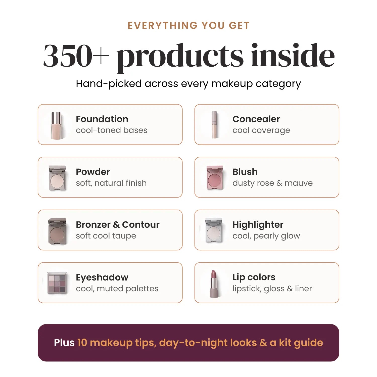 Promotional graphic for a makeup kit, featuring text that reads 'Everything you get, 350+ products inside' and a grid of makeup categories and shades including foundation, concealer, powder, blush, bronzer & contour, highlighter, eyeshadow, and lip colors. A dark maroon banner at the bottom says 'Plus 10 makeup tips, day-to-night looks & a kit guide'. #season_Summer