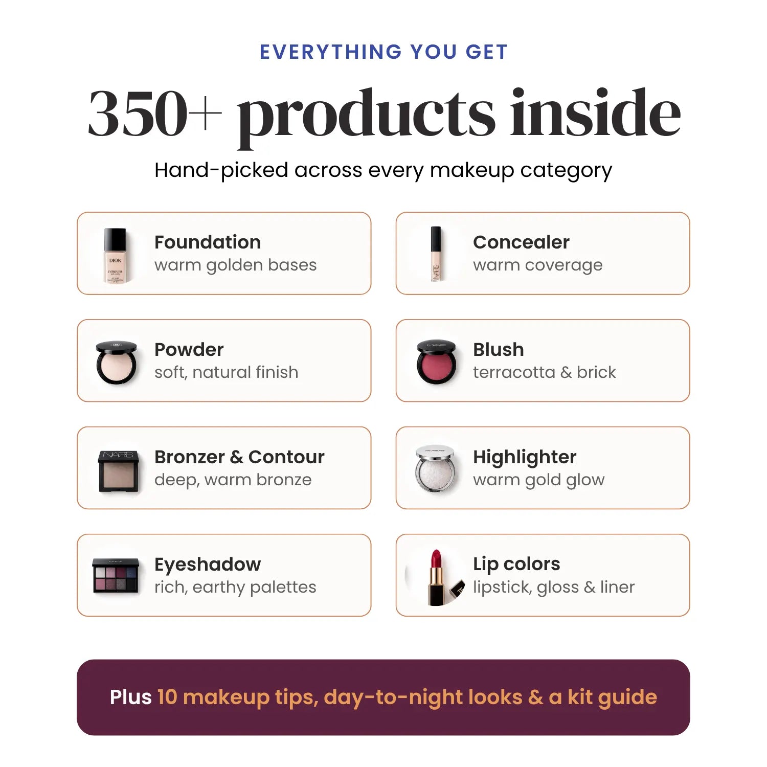 Promotional graphic for a makeup kit, featuring the text '350+ products inside' and listing categories such as foundation, concealer, powder, blush, bronzer, contour, highlighter, eyeshadow, and lip colors with brief color descriptions. #season_winter