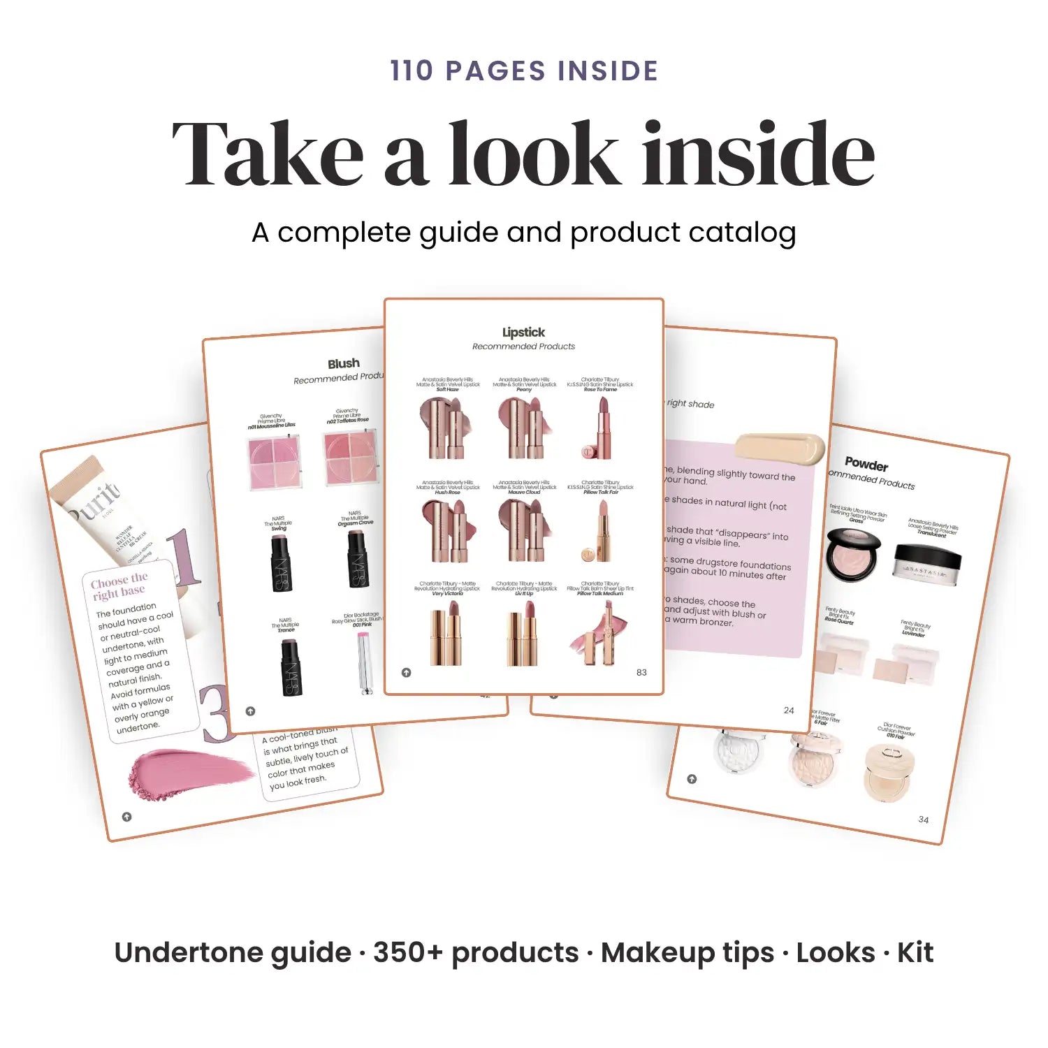 Promotional graphic for a makeup guide book showing several interior pages fanned out on a white background, with headline text reading 'Take a look inside' and supporting text about 110 pages and 350+ products. #season_Summer