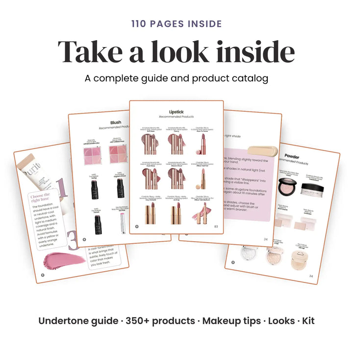 Promotional graphic for a makeup guide book showing several interior pages fanned out on a white background, with headline text reading 'Take a look inside' and supporting text about 110 pages and 350+ products. #season_Summer