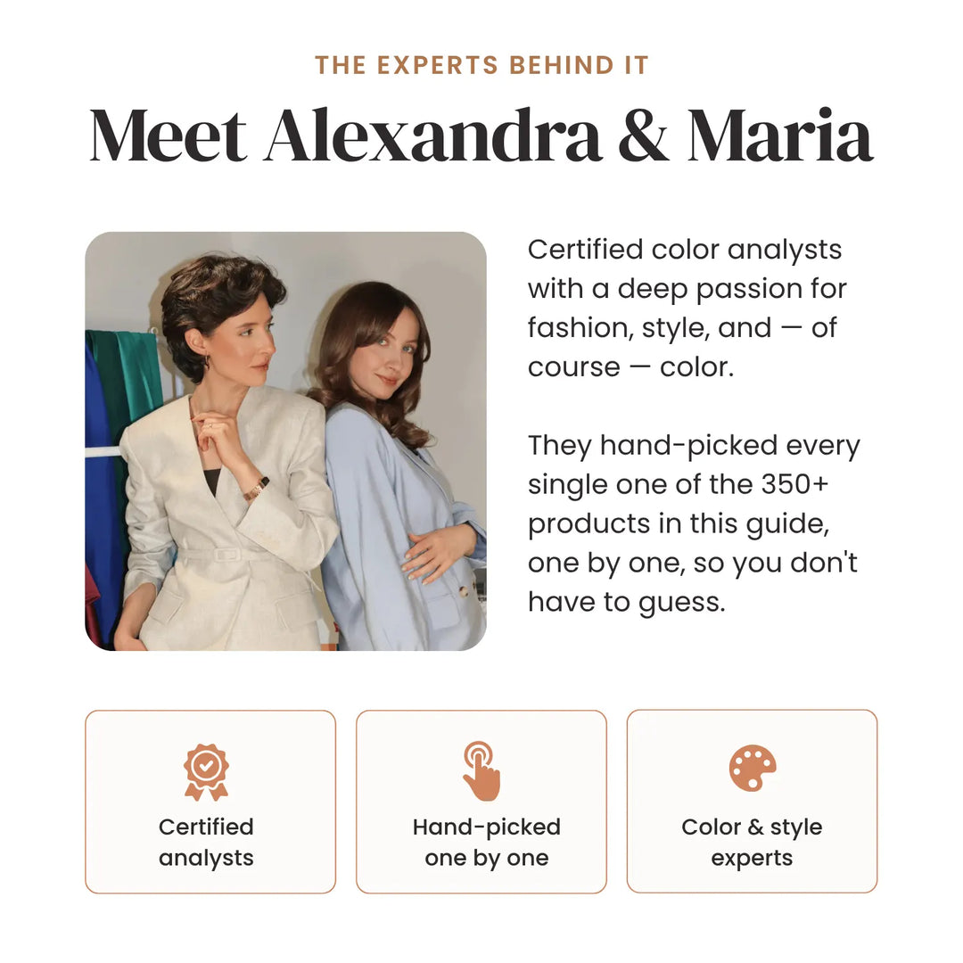 Promotional graphic for a fashion color guide featuring portraits of Alexandra and Maria, with text explaining they are certified color analysts who hand-picked the products. Three rounded boxes below highlight certified analysts, hand-picked one by one, and color & style experts. #season_Summer