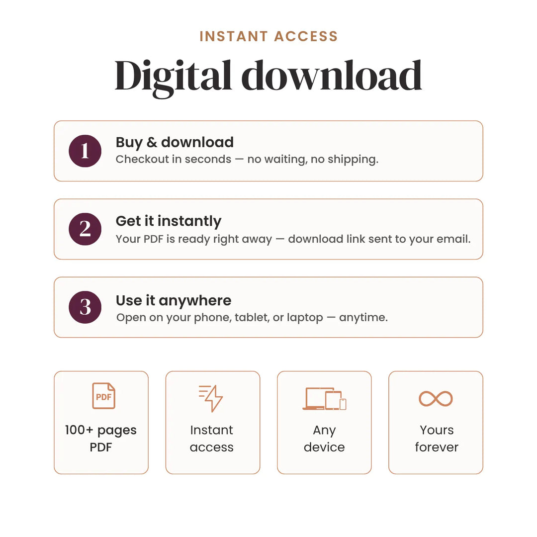 Promotional graphic for a digital download product, featuring a white background with black and brown text and icons. The headline reads 'Digital download' under 'INSTANT ACCESS. #season_Summer