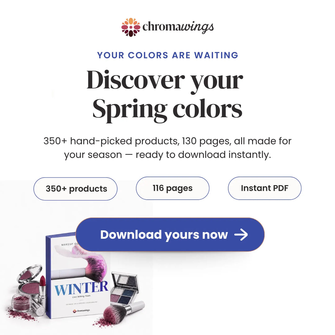 Promotional graphic for Chromawings featuring the headline 'Discover your Spring colors' with supporting text about a downloadable PDF, three feature callouts, and a styled book cover at the bottom labeled 'Winter' with makeup items around it. #season_winter