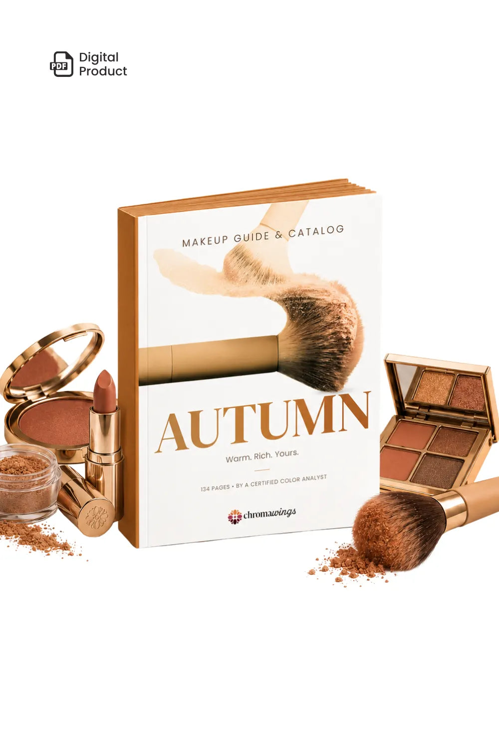 A makeup guide and catalog book titled 'AUTUMN' by chromawings, styled with cosmetic products including a lipstick, eyeshadow palette, brushes, and loose powder on a white background. A 'Digital Product' badge is visible in the top-left corner. #season_Autumn