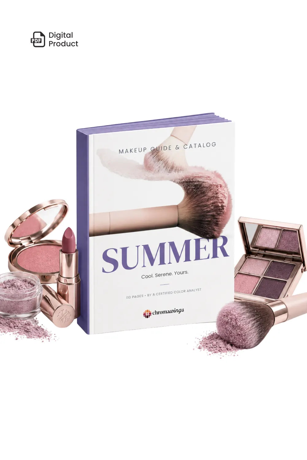 A makeup guide and catalog book titled 'SUMMER' by chromawings, styled with cosmetic products including a lipstick, eyeshadow palette, powder, and brushes on a clean white background. A 'Digital Product' badge is visible in the top-left corner. #season_Summer
